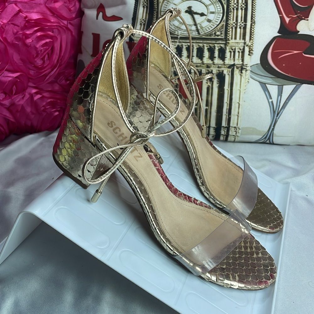 (Z) Schutz, leather sandals, gold with transparent strap, size 7B